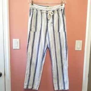 ANTHROPOLOGIE Seashore Stripe Linen White Blue Wide Leg Pants Size 8